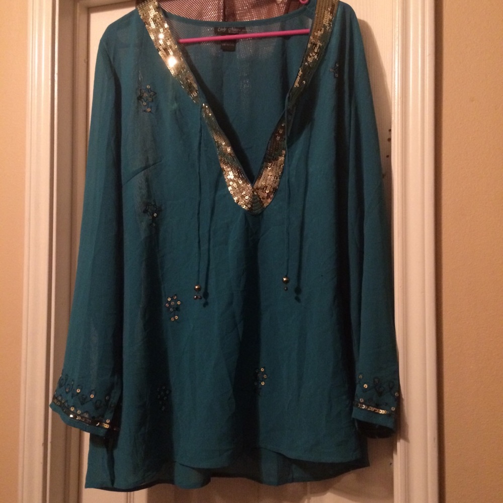 Turquoise and gold Sequin sheer formal tunic 18/20
